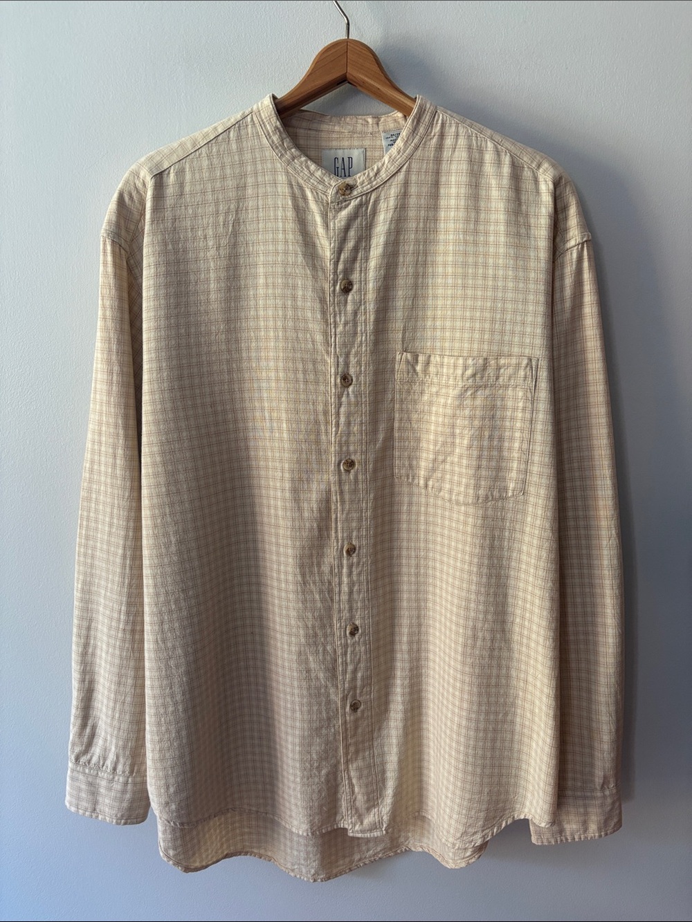 Vintage Gap Mandarin Collar Shirt Beige Cream Check Size Medium